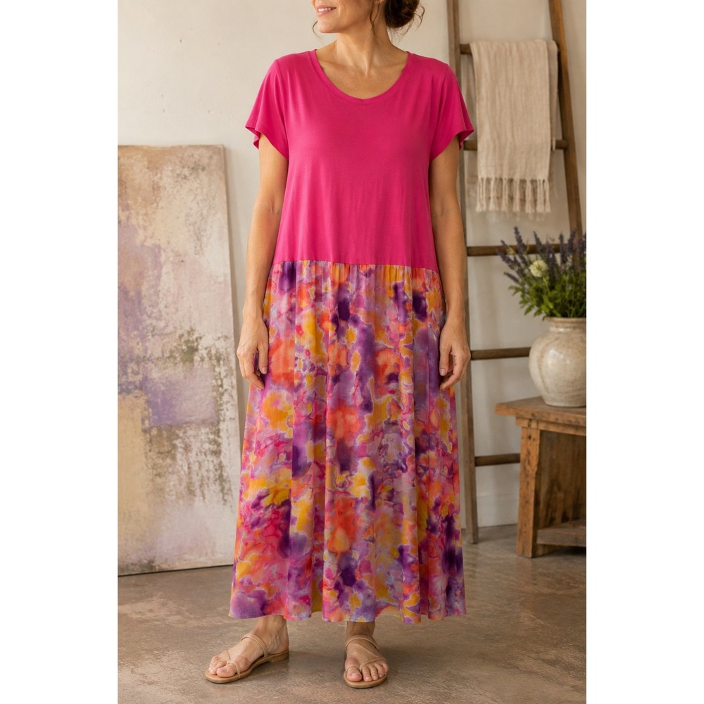 LOGO Lori Goldstein Dress Women's Large Petite LP Floral Maxi Boho Flowy Pink
